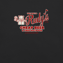 Load image into Gallery viewer, Rudy's Bar &amp; Grill Comfort Colors garment-dyed t-shirt in pepper with vintage red graphic reading Welcome to Rudy's Cheap Beer and Free Hotdogs Est. 1933 New York City