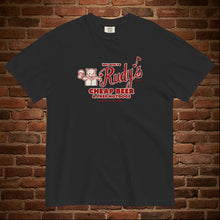 Load image into Gallery viewer, Rudy's Bar &amp; Grill Comfort Colors garment-dyed t-shirt in pepper with vintage red graphic reading Welcome to Rudy's Cheap Beer and Free Hotdogs Est. 1933 New York City