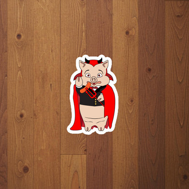 Baron Von Swine devil magnet from Rudy’s Bar & Grill on rustic wood background – Halloween 2025 NYC bar collectible
