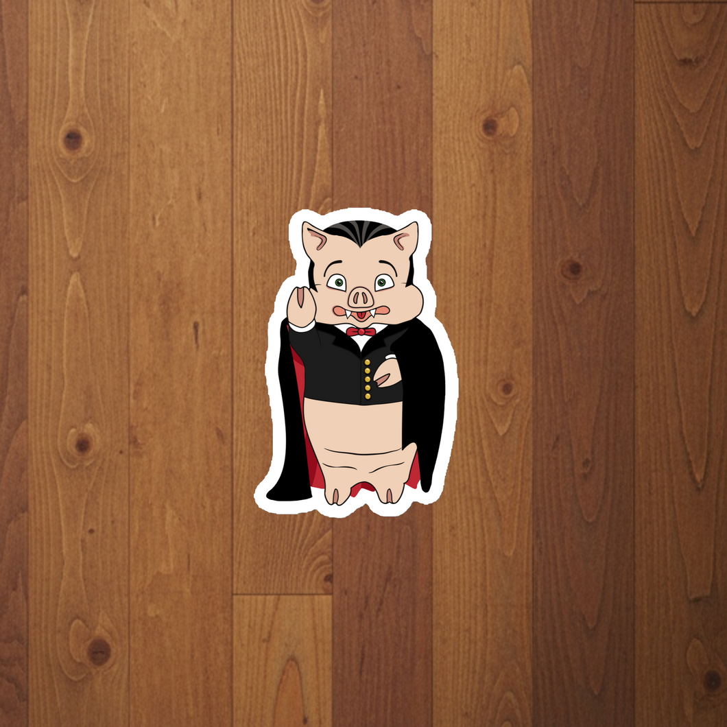 Baron Von Swine Dracula magnet from Rudy’s Bar & Grill on rustic wood background – Halloween 2025 NYC bar collectible magnet