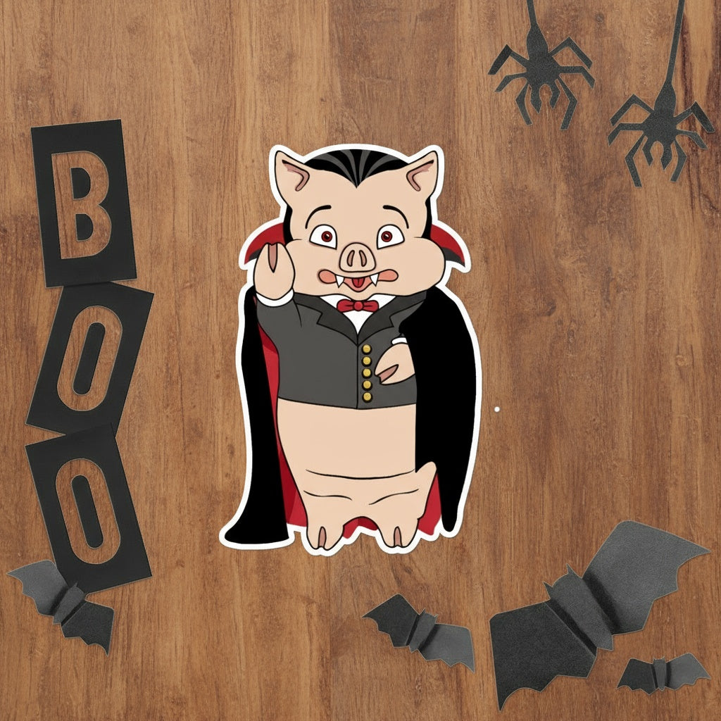 Rudy’s Bar & Grill Dracula Pig Halloween sticker with Halloween decorations, including bats and spiders, on a rustic wood background