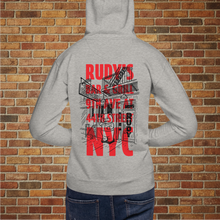 Load image into Gallery viewer, Model wearing carbon grey Rudy&#39;s Bar &amp; Grill front entrance graphic hoodie showing large red NYC back print