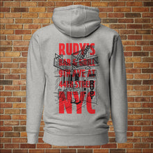Load image into Gallery viewer, Carbon grey Rudy&#39;s Bar &amp; Grill hoodie featuring front entrance graphic and NYC text on back