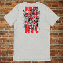 Load image into Gallery viewer, Back of Rudy&#39;s Bar &amp; Grill NYC dive bar unisex T‑shirt with red graphic illustration