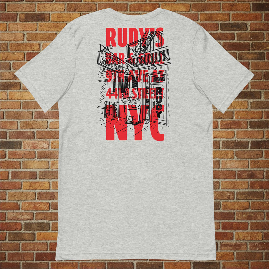Back of Rudy's Bar & Grill NYC dive bar unisex T‑shirt with red graphic illustration