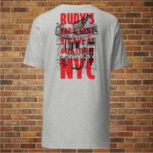 Load image into Gallery viewer, Back of Rudy&#39;s Bar &amp; Grill NYC dive bar unisex T‑shirt with red graphic illustration