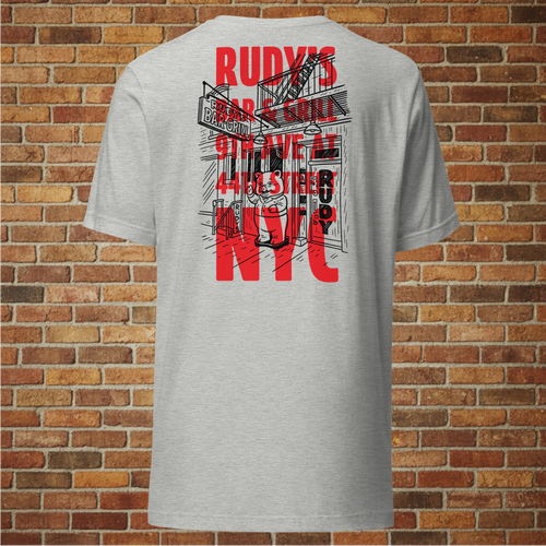 Back of Rudy's Bar & Grill NYC dive bar unisex T‑shirt with red graphic illustration