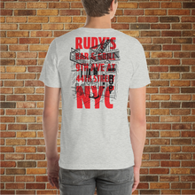 Load image into Gallery viewer, Man wearing Rudy&#39;s Bar &amp; Grill NYC dive bar unisex T‑shirt with back graphic in athletic heather