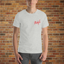 Load image into Gallery viewer, Man wearing Rudy&#39;s Bar &amp; Grill front logo unisex T‑shirt in athletic heather
