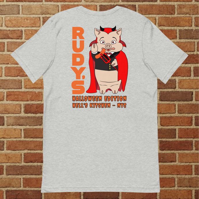 Back of Rudy’s Bar & Grill Halloween Edition t-shirt in athletic heather featuring Baron Von Swine devil mascot – Hell’s Kitchen NYC 2025