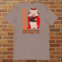 Load image into Gallery viewer, Back of Rudy’s Bar &amp; Grill Halloween Edition t-shirt in pebble color featuring Baron Von Swine devil mascot – Hell’s Kitchen NYC 2025