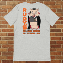 Load image into Gallery viewer, Back of Rudy’s Bar &amp; Grill Halloween Edition t-shirt in athletic heather with Baron Von Swine Dracula mascot – Hell’s Kitchen NYC
