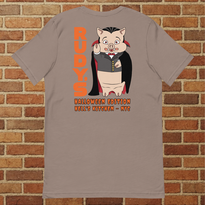 Back of Rudy’s Bar & Grill Halloween Edition t-shirt in pebble color with Baron Von Swine Dracula mascot – Hell’s Kitchen NYC