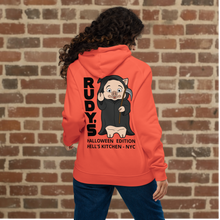 Load image into Gallery viewer, Model wearing Rudy’s Bar &amp; Grill burnt orange Halloween hoodie showing back design with Baron Von Swine as Grim Reaper, Hell’s Kitchen NYC