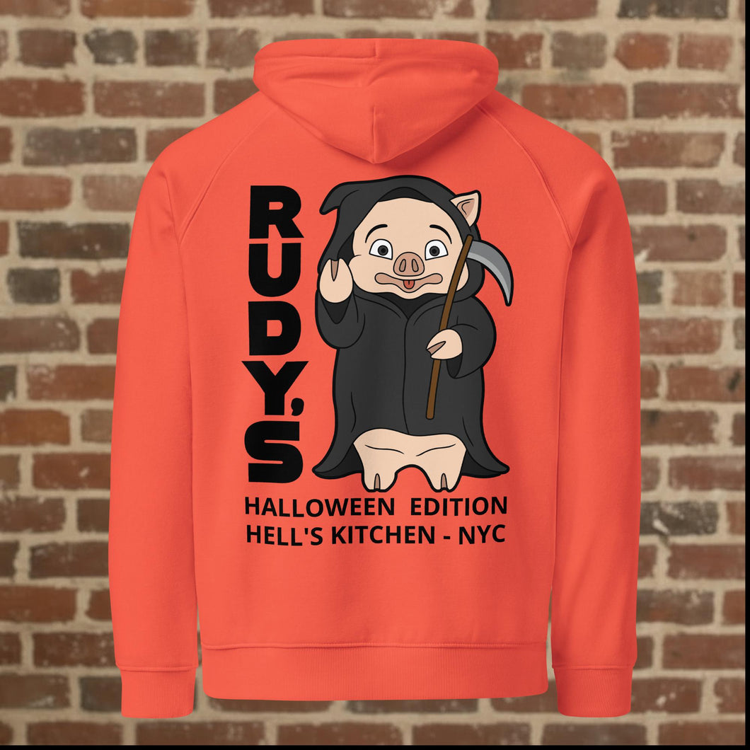 Back view of Rudy’s Bar & Grill burnt orange Halloween hoodie featuring Baron Von Swine as a Grim Reaper, Hell’s Kitchen NYC
