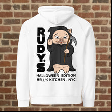 Load image into Gallery viewer, Back view of Rudy’s Bar &amp; Grill white Halloween hoodie featuring Baron Von Swine as a Grim Reaper, Hell’s Kitchen NYC