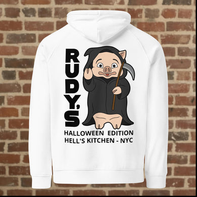 Back view of Rudy’s Bar & Grill white Halloween hoodie featuring Baron Von Swine as a Grim Reaper, Hell’s Kitchen NYC