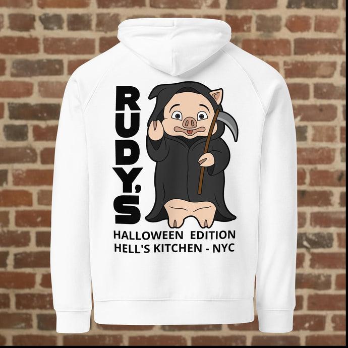 Back view of Rudy’s Bar & Grill white Halloween hoodie featuring Baron Von Swine as a Grim Reaper, Hell’s Kitchen NYC