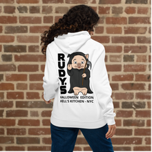 Load image into Gallery viewer, Model wearing Rudy’s Bar &amp; Grill white Halloween hoodie showing back design with Baron Von Swine as Grim Reaper, Hell’s Kitchen NYC