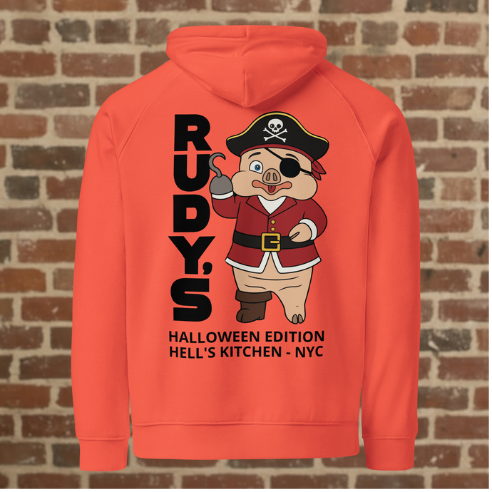 Back view of Rudy’s Bar & Grill Halloween hoodie in burnt orange featuring Baron Von Swine as a pirate, Hell’s Kitchen NYC