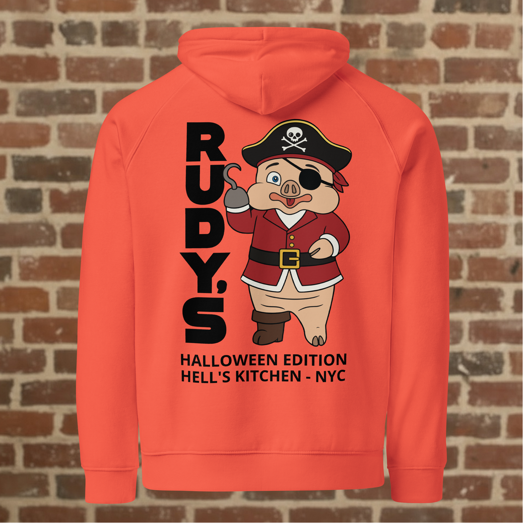 Back view of Rudy’s Bar & Grill Halloween hoodie in burnt orange featuring Baron Von Swine as a pirate, Hell’s Kitchen NYC