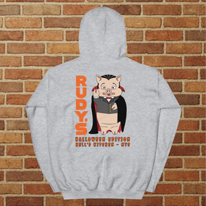 Back of Rudy’s Bar & Grill Halloween Edition hoodie in sport grey featuring Baron Von Swine devil mascot – Hell’s Kitchen NYC 2025