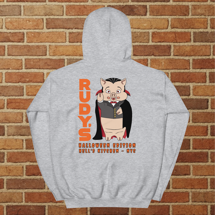 Back of Rudy’s Bar & Grill Halloween Edition hoodie in sport grey featuring Baron Von Swine devil mascot – Hell’s Kitchen NYC 2025