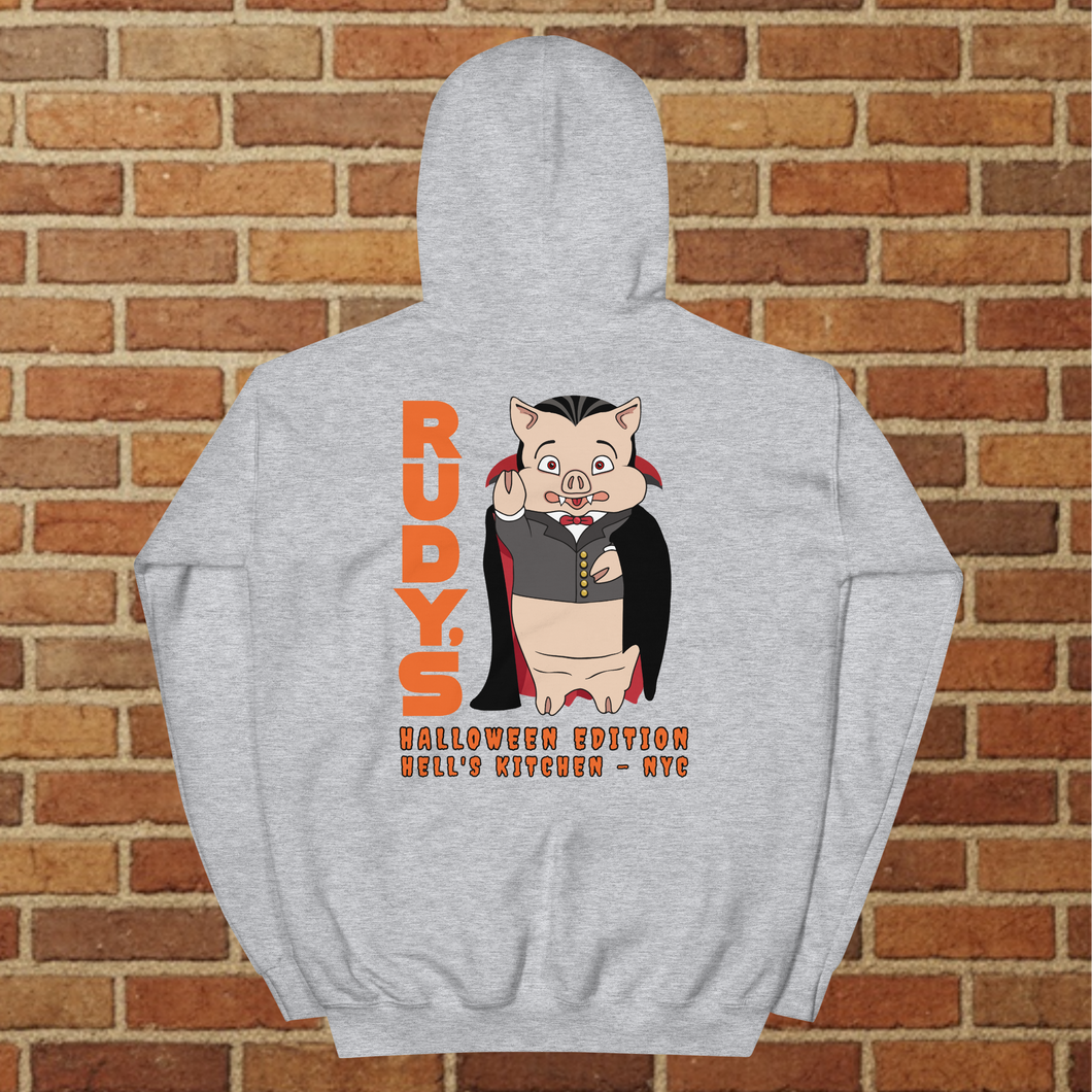 Back of Rudy’s Bar & Grill Halloween Edition hoodie in sport grey featuring Baron Von Swine devil mascot – Hell’s Kitchen NYC 2025