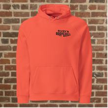 Load image into Gallery viewer, Front view of Rudy’s Bar &amp; Grill burnt orange Halloween hoodie with logo, Hell’s Kitchen NYC