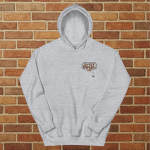 Front of Rudy’s Bar & Grill Halloween Edition hoodie in sport grey with logo and spider – Hell’s Kitchen NYC 2025