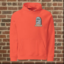 Load image into Gallery viewer, Front view of Rudy’s Bar &amp; Grill burnt orange Halloween hoodie with tombstone logo, Hell’s Kitchen NYC