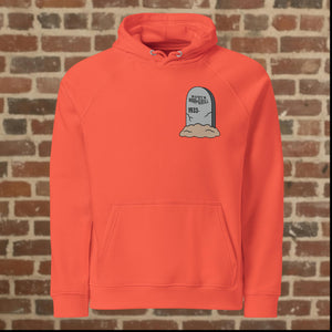 Front view of Rudy’s Bar & Grill burnt orange Halloween hoodie with tombstone logo, Hell’s Kitchen NYC