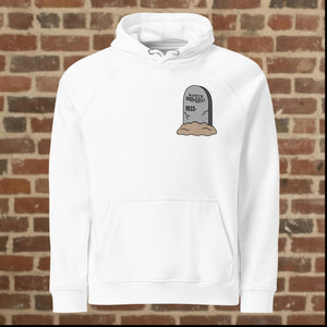 Front view of Rudy’s Bar & Grill white Halloween hoodie featuring tombstone logo, Hell’s Kitchen NYC