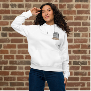 Model wearing Rudy’s Bar & Grill white Halloween hoodie with tombstone logo on front, Hell’s Kitchen NYC
