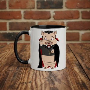 Rudy’s Bar & Grill Halloween coffee mug featuring the Dracula Pig cartoon design, placed on a rustic wood bar with a brick wall background