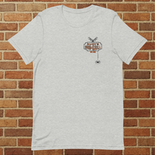Load image into Gallery viewer, Front of Rudy’s Bar &amp; Grill Halloween Edition t-shirt in athletic heather with logo, bat, and spider – Hell’s Kitchen NYC 2025