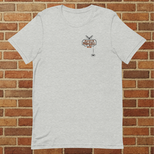 Front of Rudy’s Bar & Grill Halloween Edition t-shirt in athletic heather with logo, bat, and spider – Hell’s Kitchen NYC