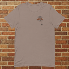 Load image into Gallery viewer, Front of Rudy’s Bar &amp; Grill Halloween Edition t-shirt in pebble color with logo, bat, and spider – Hell’s Kitchen NYC 2025