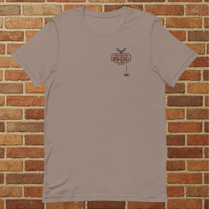 Front of Rudy’s Bar & Grill Halloween Edition t-shirt in pebble color with logo, bat, and spider – Hell’s Kitchen NYC 2025