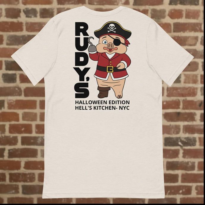 Back view of Rudy’s Bar & Grill heather dust Halloween t-shirt featuring Baron Von Swine as pirate, Hell’s Kitchen NYC