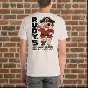Model wearing Rudy’s Bar & Grill heather dust Halloween t-shirt showing back design with Baron Von Swine as pirate, Hell’s Kitchen NYC