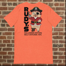 Load image into Gallery viewer, Back view of Rudy’s Bar &amp; Grill heather orange Halloween t-shirt featuring Baron Von Swine as pirate, Hell’s Kitchen NYC