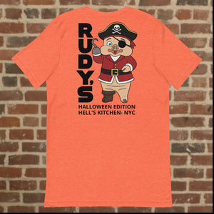 Back view of Rudy’s Bar & Grill heather orange Halloween t-shirt featuring Baron Von Swine as pirate, Hell’s Kitchen NYC