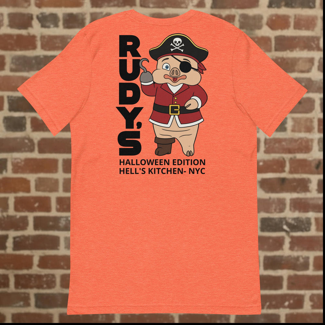 Back view of Rudy’s Bar & Grill heather orange Halloween t-shirt featuring Baron Von Swine as pirate, Hell’s Kitchen NYC