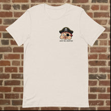 Load image into Gallery viewer, Front view of Rudy’s Bar &amp; Grill heather dust Halloween t-shirt with pirate Baron Von Swine and “Ahoy Me, Hearties!” text, Hell’s Kitchen NYC