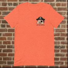 Load image into Gallery viewer, Front view of Rudy’s Bar &amp; Grill heather orange Halloween t-shirt with pirate Baron Von Swine and “Ahoy Me, Hearties!” text, Hell’s Kitch