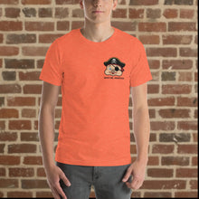 Load image into Gallery viewer, Model wearing Rudy’s Bar &amp; Grill heather orange Halloween t-shirt with pirate Baron Von Swine and “Ahoy Me, Hearties!” text on front, Hell’s Kitchen NYC
