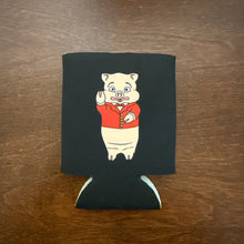 Load image into Gallery viewer, Rudy’s Bar &amp; Grill neon sign collapsible koozie with beer can on wood bar. NYC dive bar merchandise