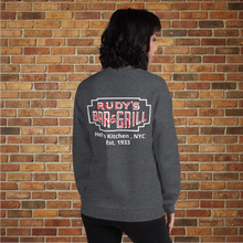 Load image into Gallery viewer, Back view of Rudy’s Bar &amp; Grill Neon Sign sweatshirt in dark heather, featuring the bar’s logo and Hell’s Kitchen, NYC, Est. 1933
