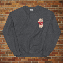 Load image into Gallery viewer, Flat lay front view of Rudy’s Bar &amp; Grill Neon Sign sweatshirt in dark heather, featuring Baron Von Swine mascot graphic on the chest